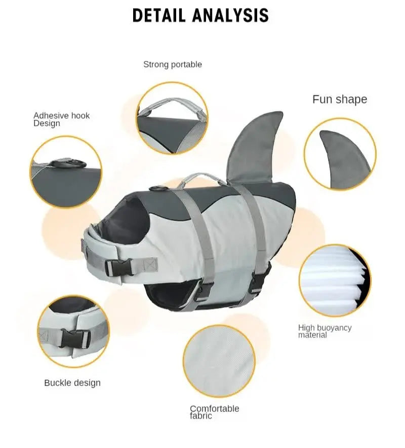 Size XL Grey Pet Life Jacket for Dogs - Summer Swimming Safety Vest with Shark Fin for Small to Large Breeds Wholesale Hub