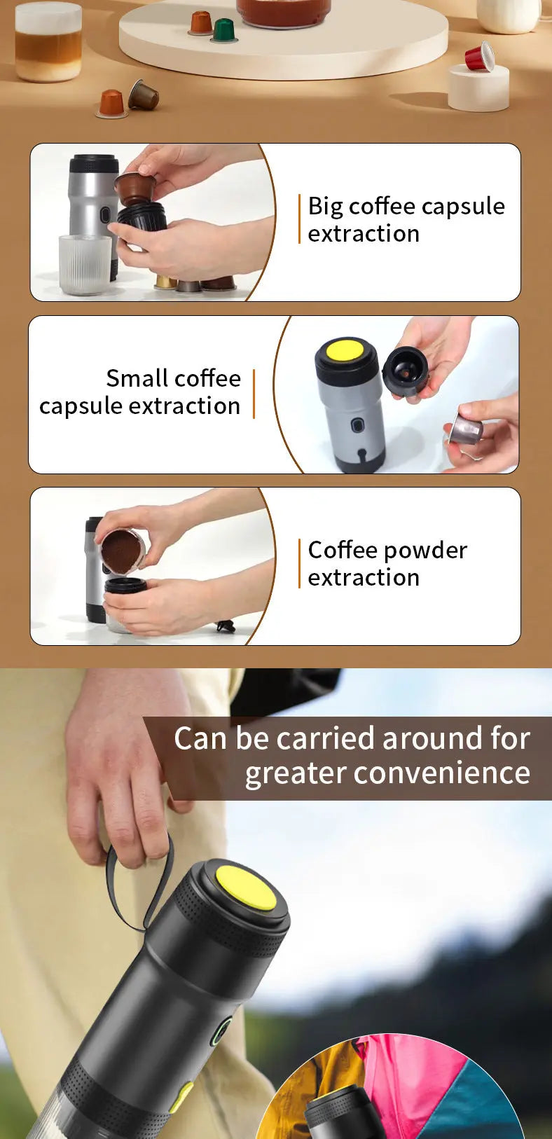 Black 3-in-1 Portable Electric Espresso Maker - Rechargeable Travel Coffee Machine for Capsules & Ground Coffee Wholesale Hub