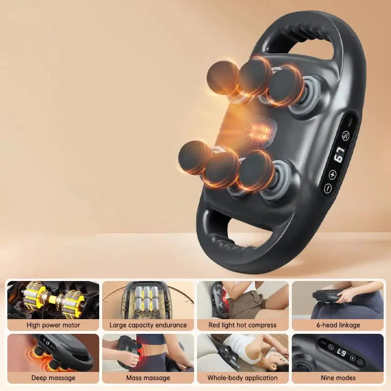 Dark Grey Advanced 6-Head Percussion Massager with Heat - Rechargeable Deep Tissue Muscle Relief Gun Wholesale Hub