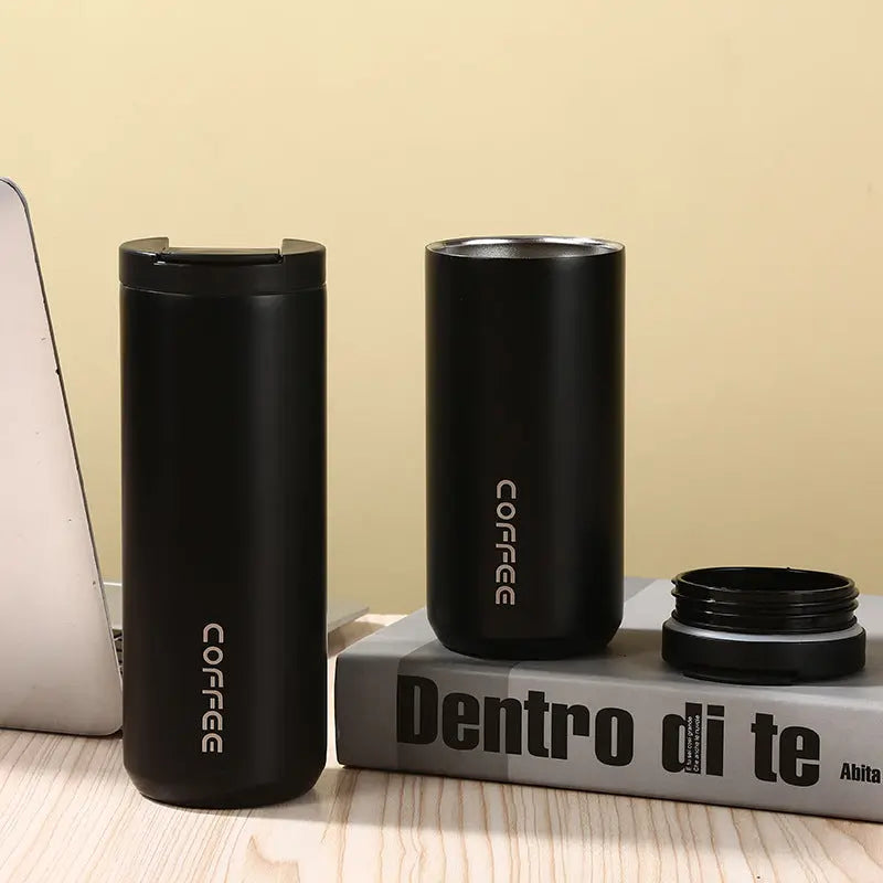 Black Sleek Insulated Stainless Steel Coffee Tumbler Set (400ml & 500ml) - One-Touch Lid Travel Mugs Wholesale Hub