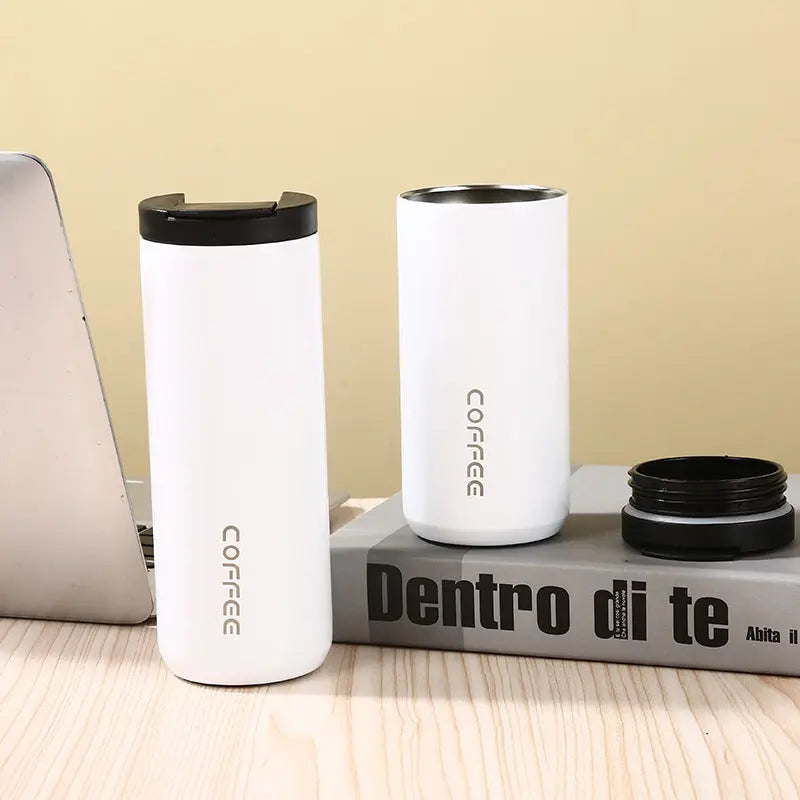 White Sleek Insulated Stainless Steel Coffee Tumbler Set (400ml & 500ml) - One-Touch Lid Travel Mugs Wholesale Hub