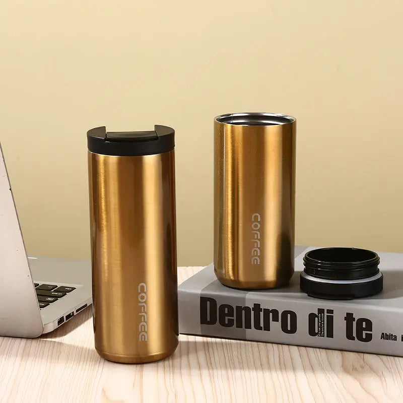Gold Sleek Insulated Stainless Steel Coffee Tumbler Set (400ml & 500ml) - One-Touch Lid Travel Mugs Wholesale Hub