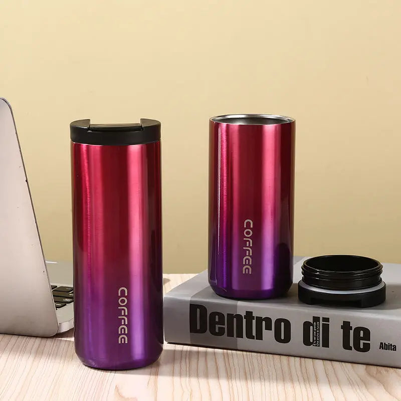 Red And Purple Gradient Color Sleek Insulated Stainless Steel Coffee Tumbler Set (400ml & 500ml) - One-Touch Lid Travel Mugs Wholesale Hub