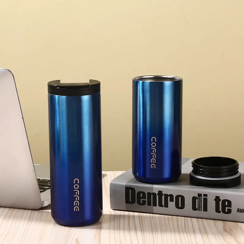 Blue Gradient Color Sleek Insulated Stainless Steel Coffee Tumbler Set (400ml & 500ml) - One-Touch Lid Travel Mugs Wholesale Hub