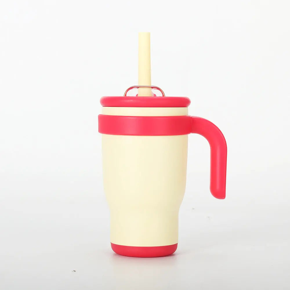 Beige-red 14oz Insulated Tumbler with Handle & Straw - 304 Stainless Steel Car Cup (Contrast Color) Wholesale Hub