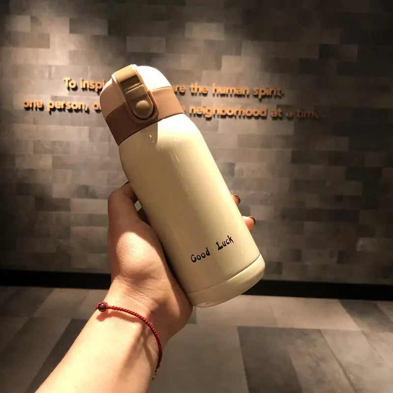 Good Luck" Mini Stainless Steel Thermos Flask - 350ml Leakproof Insulated Bottle with Pop-Up Lid & Strap(white)" Wholesale Hub