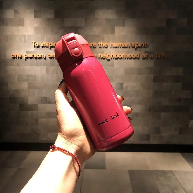 Good Luck" Mini Stainless Steel Thermos Flask - 350ml Leakproof Insulated Bottle with Pop-Up Lid & Strap(red)" Wholesale Hub