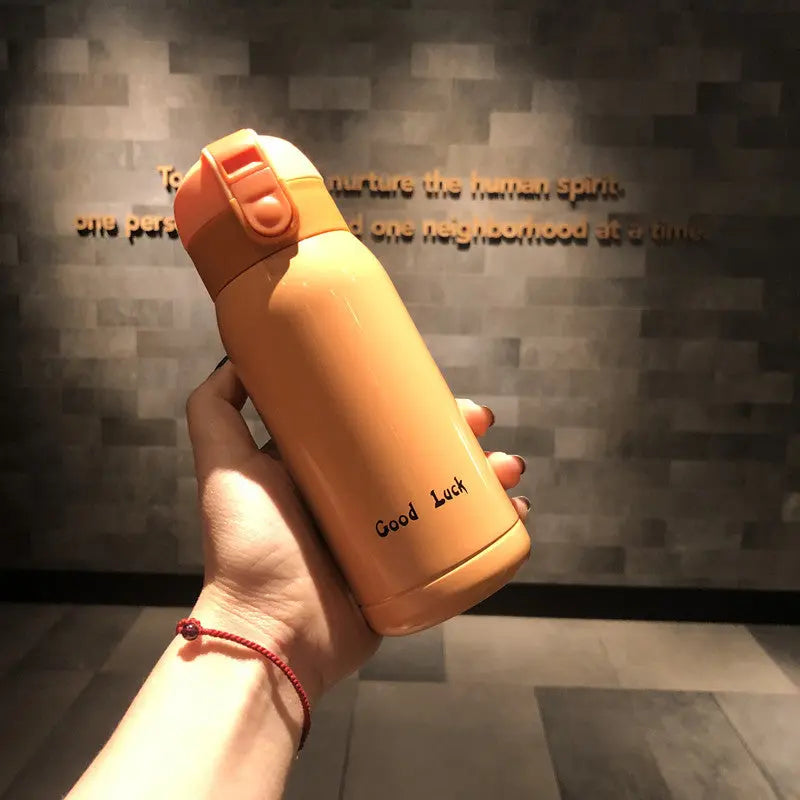 Good Luck" Mini Stainless Steel Thermos Flask - 350ml Leakproof Insulated Bottle with Pop-Up Lid & Strap(yellow)" Wholesale Hub