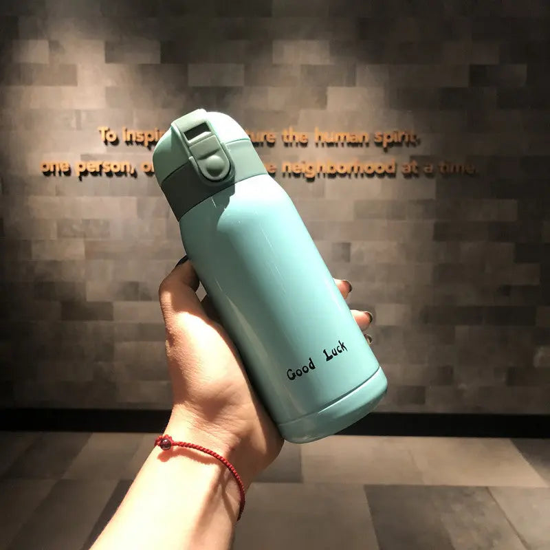 Good Luck" Mini Stainless Steel Thermos Flask - 350ml Leakproof Insulated Bottle with Pop-Up Lid & Strap(blue)" Wholesale Hub