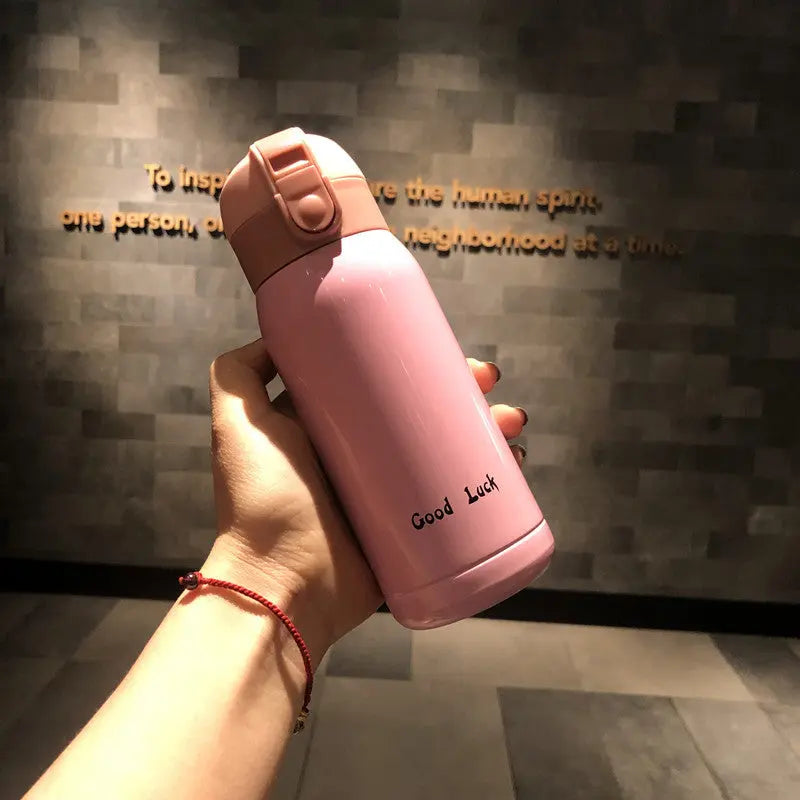Good Luck" Mini Stainless Steel Thermos Flask - 350ml Leakproof Insulated Bottle with Pop-Up Lid & Strap(pink)" Wholesale Hub