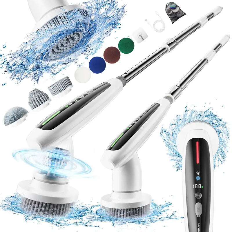Electric Spin Scrubber with Adjustable Extension Handle & 8 Brush Heads - Smart LED Display Wholesale Hub