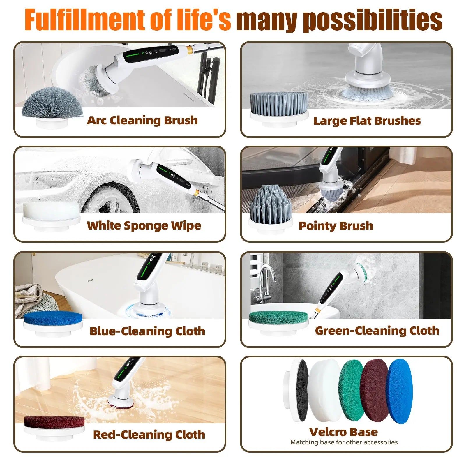 Electric Spin Scrubber with Adjustable Extension Handle & 8 Brush Heads - Smart LED Display Wholesale Hub