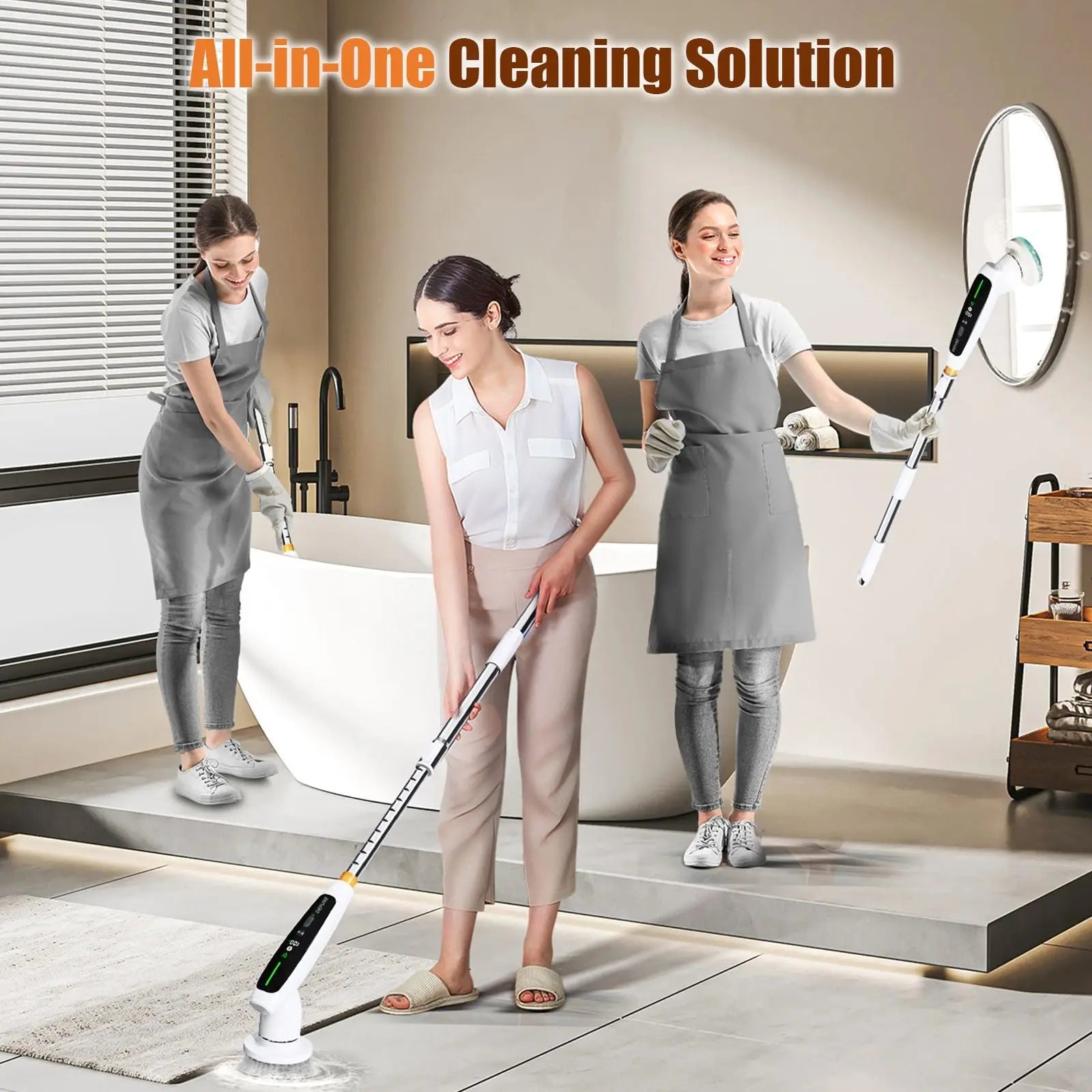 Electric Spin Scrubber with Adjustable Extension Handle & 8 Brush Heads - Smart LED Display Wholesale Hub