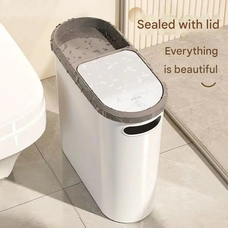 Slim Press-Top Trash Can with Top Storage Compartment - Narrow Design for Bathroom & Small Spaces(White cover + ash bucket) Wholesale Hub