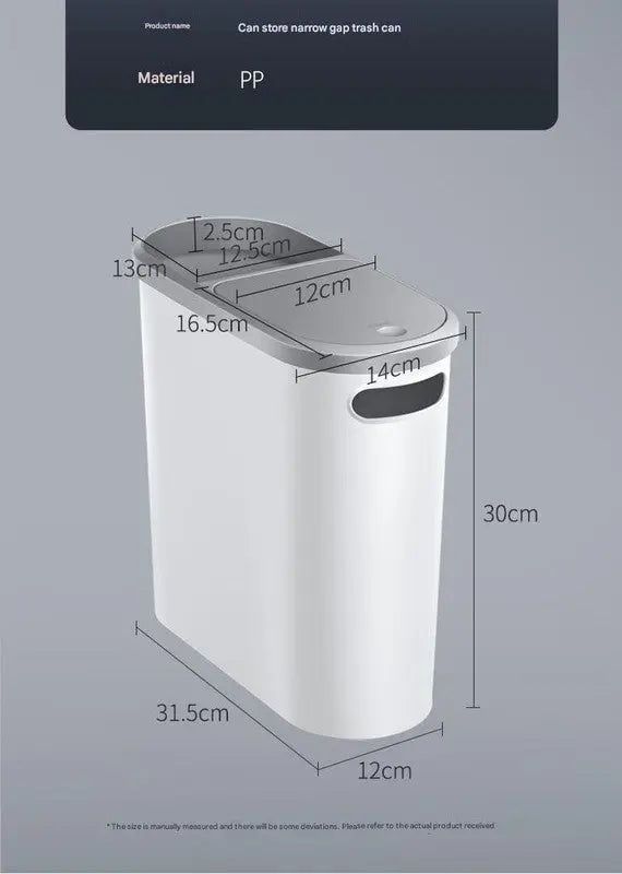 Slim Press-Top Trash Can with Top Storage Compartment - Narrow Design for Bathroom & Small Spaces(White cover + ash bucket) Wholesale Hub