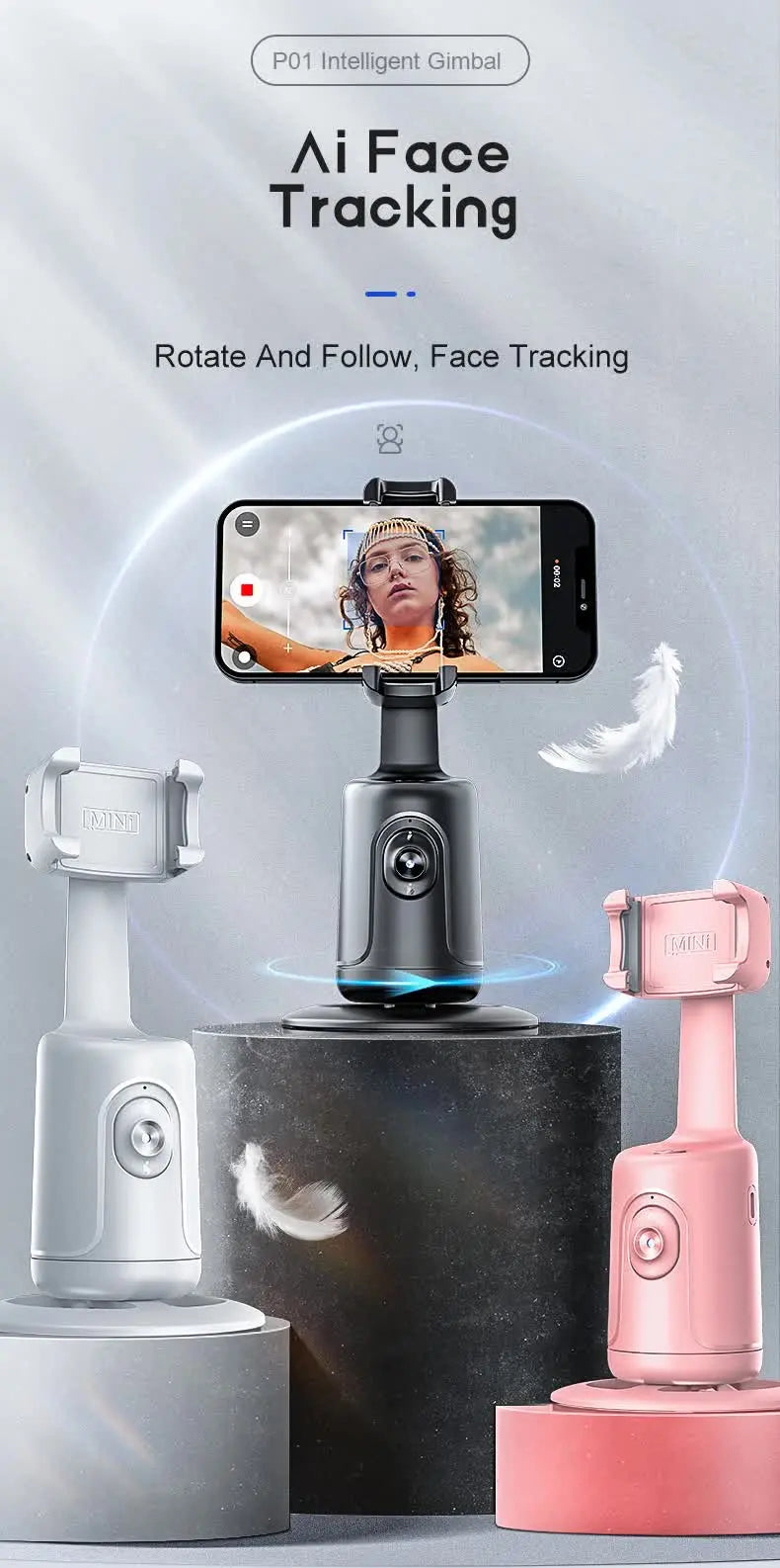 Black AI Smart Auto Tracking Phone Holder - 360° Rotation Face & Body Tracking Mount Wholesale Hub