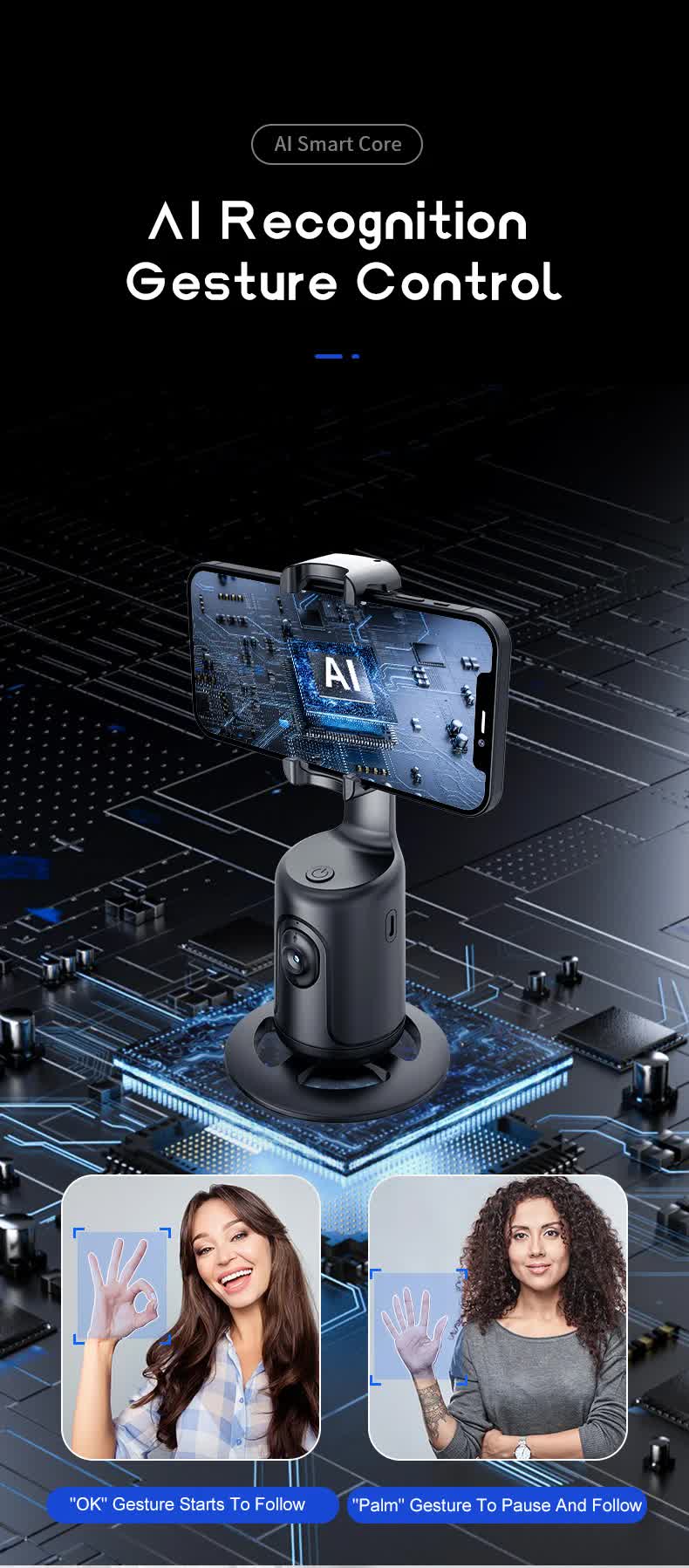 Black AI Smart Auto Tracking Phone Holder - 360° Rotation Face & Body Tracking Mount Wholesale Hub