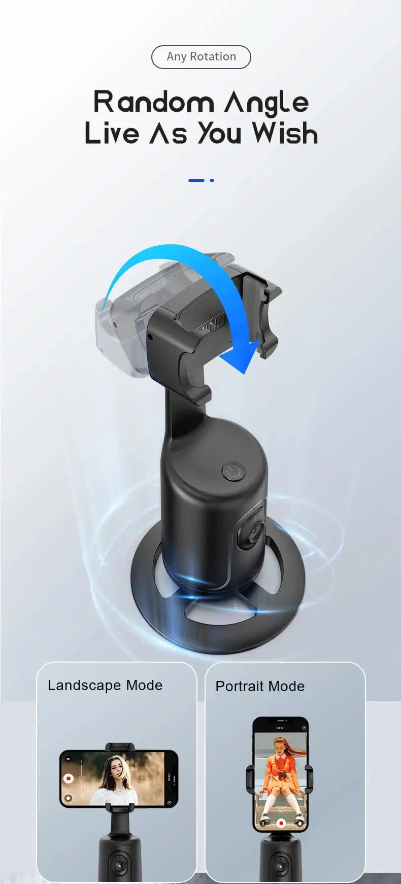 Black AI Smart Auto Tracking Phone Holder - 360° Rotation Face & Body Tracking Mount Wholesale Hub