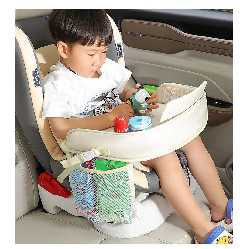 Kids Car Seat Travel Tray - Waterproof Lap Desk with Storage Pockets (Beige Bear - Round) Wholesale Hub