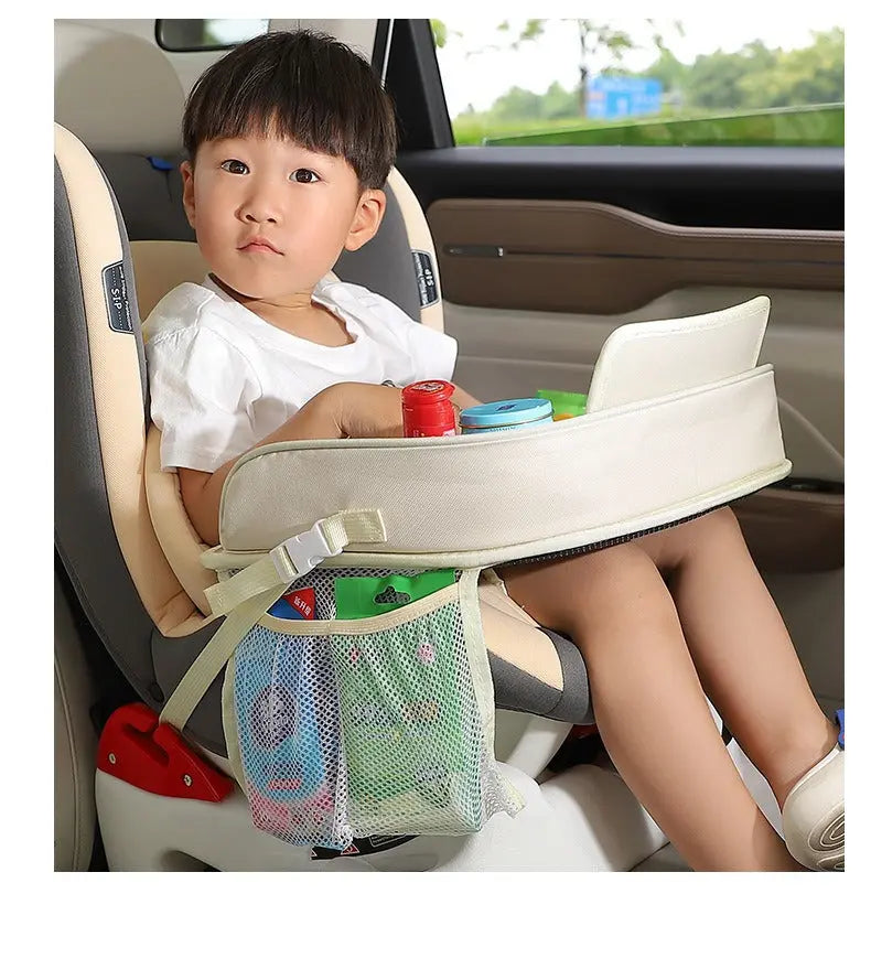 Kids Car Seat Travel Tray - Waterproof Lap Desk with Storage Pockets (Beige bunny - Round) Wholesale Hub