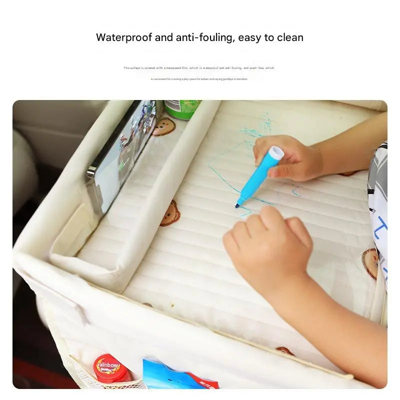 Kids Car Seat Travel Tray - Waterproof Lap Desk with Storage Pockets (Beige bunny - Round) Wholesale Hub