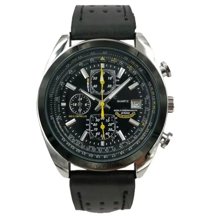 Leather Strap Black Dial Elegant Men's Quartz Chronograph Watch with 42mm Case and Perpetual Calendar Wholesale Hub