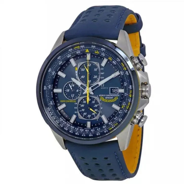 Blue leather strap Elegant Men's Quartz Chronograph Watch with 42mm Case and Perpetual Calendar Wholesale Hub