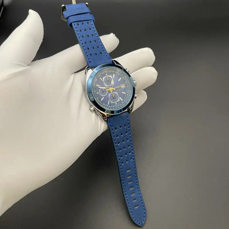 Blue leather strap Elegant Men's Quartz Chronograph Watch with 42mm Case and Perpetual Calendar Wholesale Hub