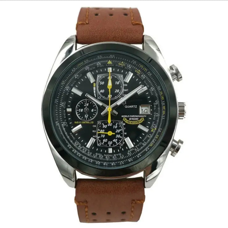 Brown leather black dial watch Elegant Men's Quartz Chronograph Watch with 42mm Case and Perpetual Calendar Wholesale Hub