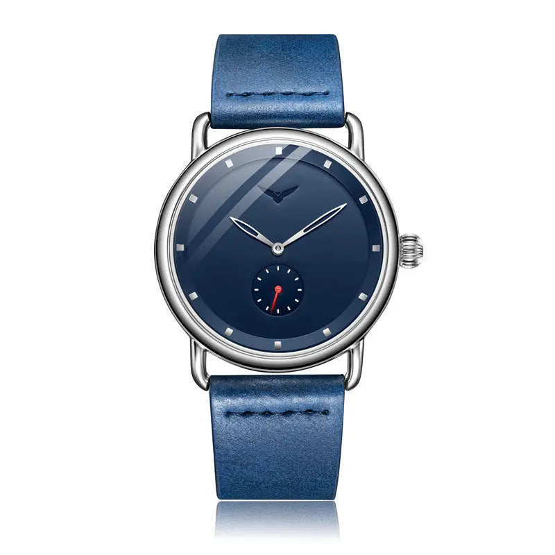 Blue Elegant Men's Watch with Leather Band - Small Seconds, Onion Crown Detail Wholesale Hub