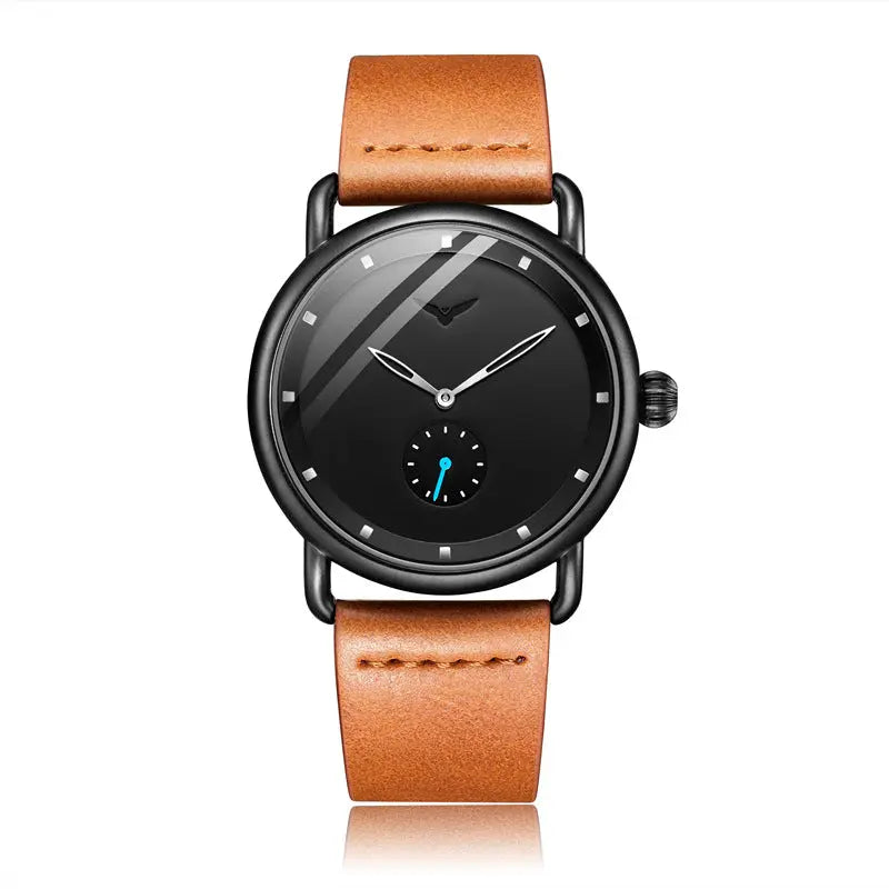 Brown belt black surface Elegant Men's Watch with Leather Band - Small Seconds, Onion Crown Detail Wholesale Hub