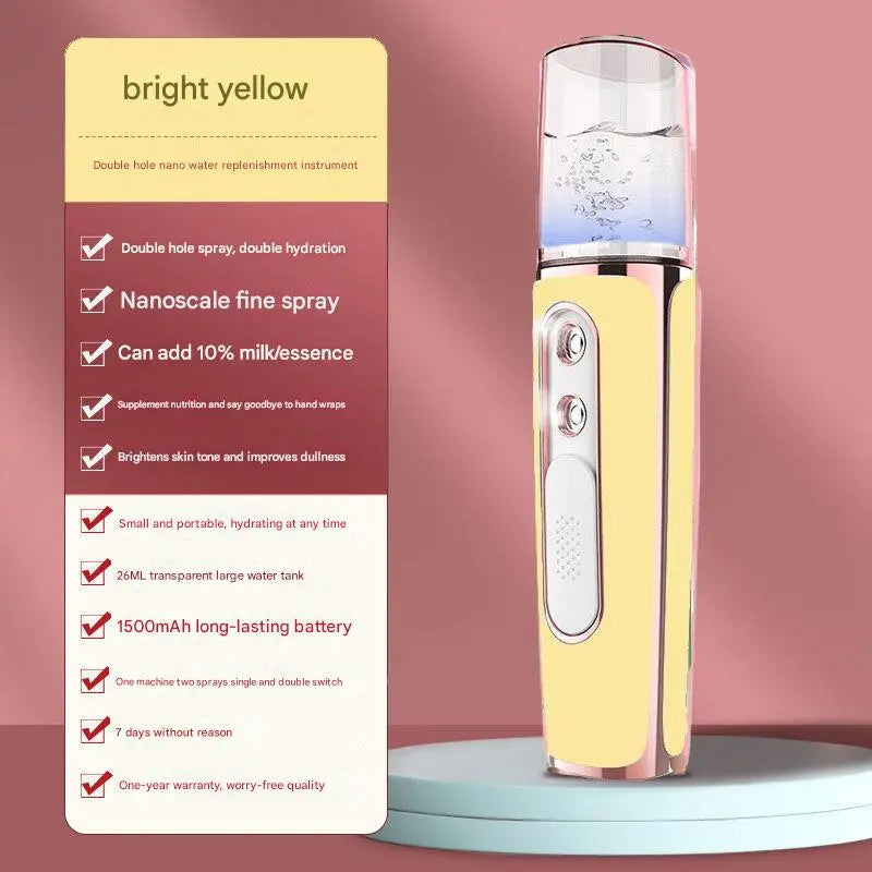 Yellow Dual Nozzle Nano Facial Mister - USB Rechargeable Hydrating Spray Wholesale Hub