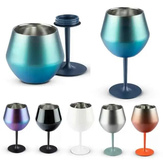 2 Pcs Green and Silver Detachable Stainless Steel Wine Glass - 14oz (420ml) Portable Stemmed Goblet for Outdoors & Travel Wholesale Hub