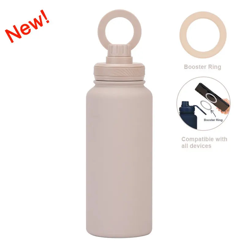Beige 1L Stainless Steel Water Bottle with Magnetic Phone Holder Lid - Portable Hydration & Hands-Free Stand Wholesale Hub