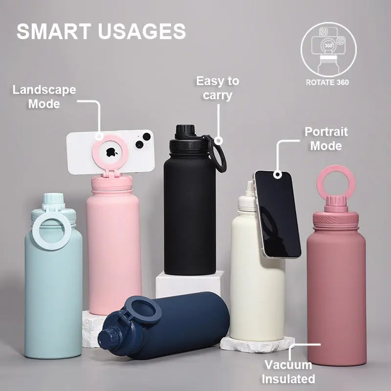 Beige 1L Stainless Steel Water Bottle with Magnetic Phone Holder Lid - Portable Hydration & Hands-Free Stand Wholesale Hub