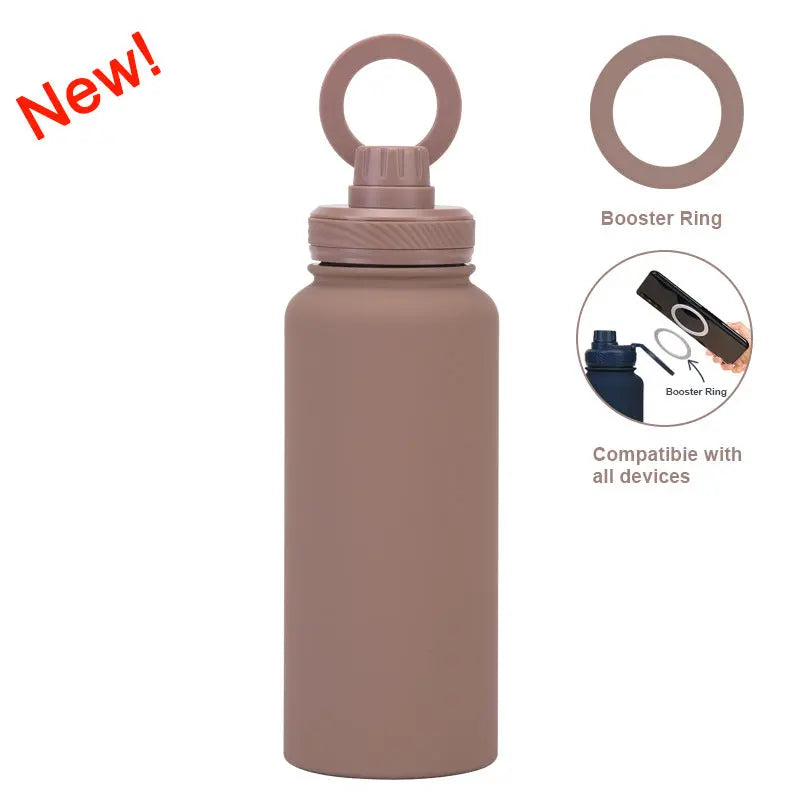 Brown 1L Stainless Steel Water Bottle with Magnetic Phone Holder Lid - Portable Hydration & Hands-Free Stand Wholesale Hub