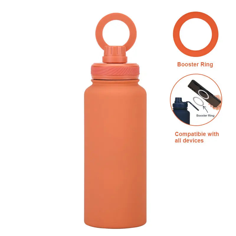 Orange 1L Stainless Steel Water Bottle with Magnetic Phone Holder Lid - Portable Hydration & Hands-Free Stand Wholesale Hub