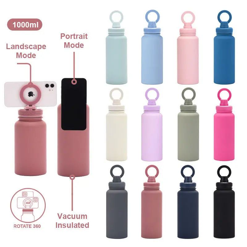 Orange 1L Stainless Steel Water Bottle with Magnetic Phone Holder Lid - Portable Hydration & Hands-Free Stand Wholesale Hub