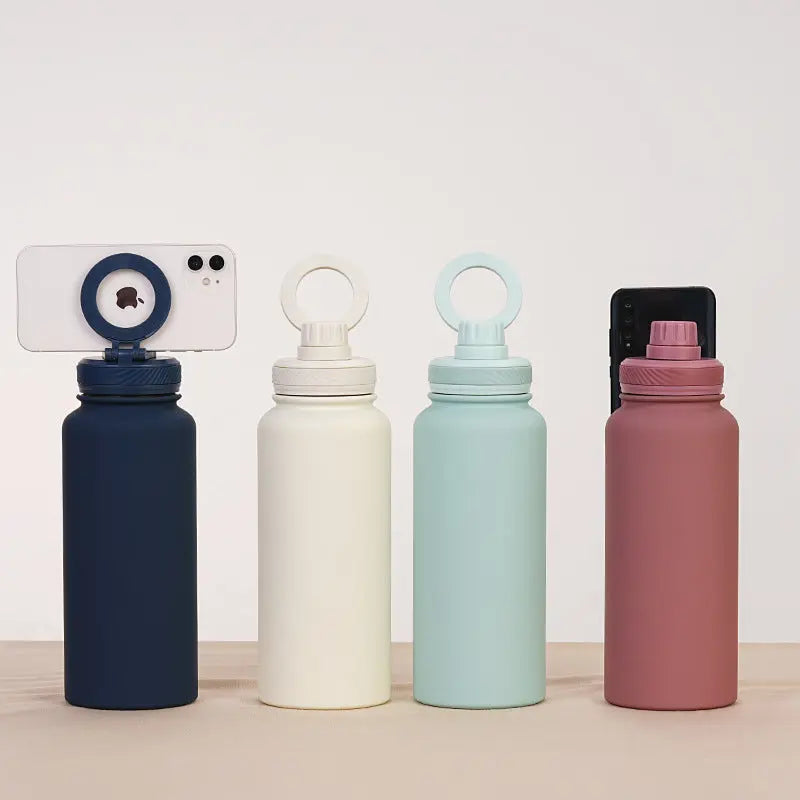 Orange 1L Stainless Steel Water Bottle with Magnetic Phone Holder Lid - Portable Hydration & Hands-Free Stand Wholesale Hub