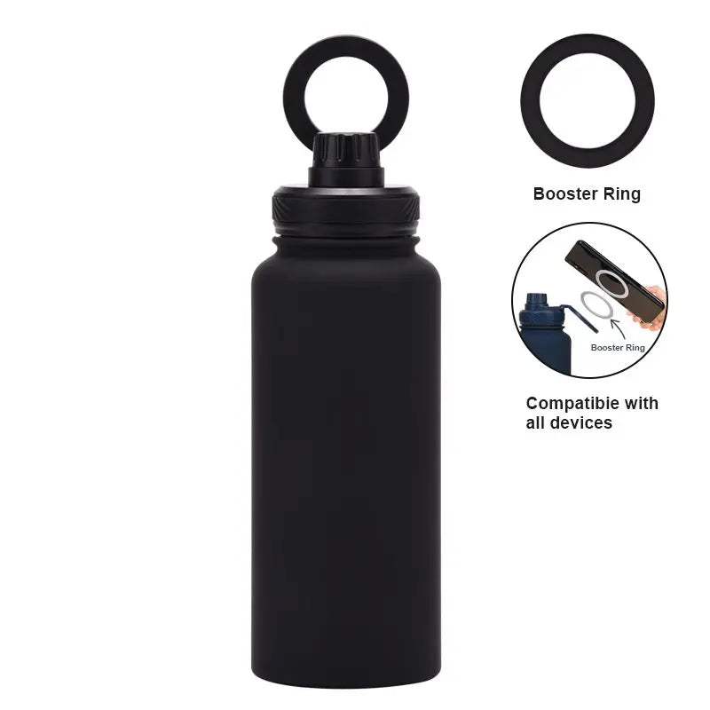 Black 1L Stainless Steel Water Bottle with Magnetic Phone Holder Lid - Portable Hydration & Hands-Free Stand Wholesale Hub