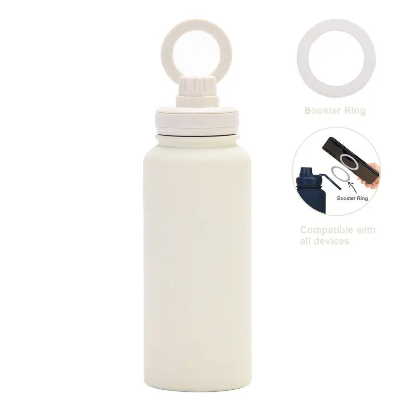 White 1L Stainless Steel Water Bottle with Magnetic Phone Holder Lid - Portable Hydration & Hands-Free Stand Wholesale Hub
