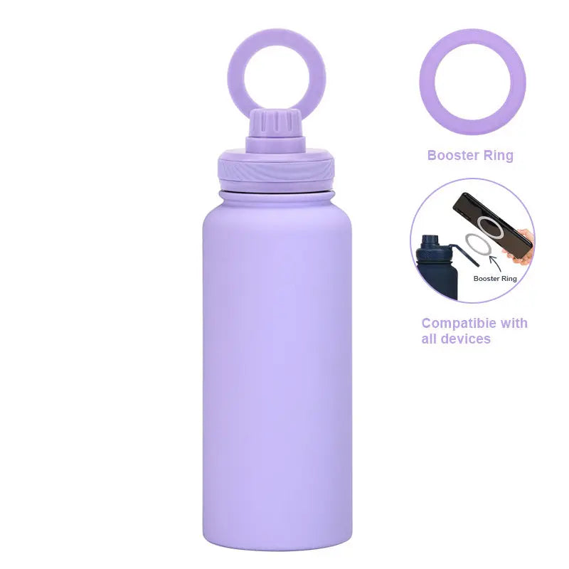 Purple 1L Stainless Steel Water Bottle with Magnetic Phone Holder Lid - Portable Hydration & Hands-Free Stand Wholesale Hub