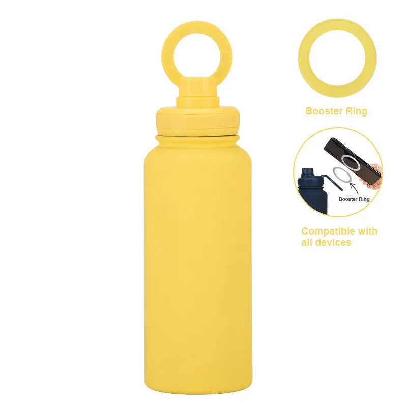 Yellow 1L Stainless Steel Water Bottle with Magnetic Phone Holder Lid - Portable Hydration & Hands-Free Stand Wholesale Hub