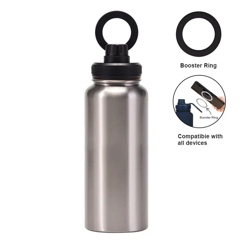 Silver and Black 1L Stainless Steel Water Bottle with Magnetic Phone Holder Lid - Portable Hydration & Hands-Free Stand Wholesale Hub