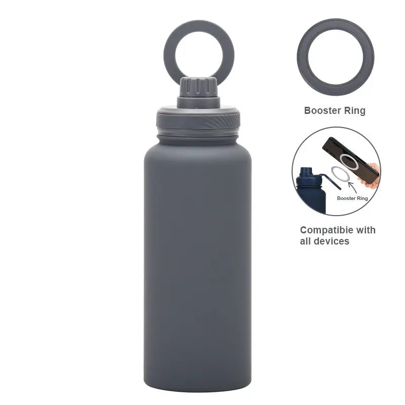 Grey 1L Stainless Steel Water Bottle with Magnetic Phone Holder Lid - Portable Hydration & Hands-Free Stand Wholesale Hub