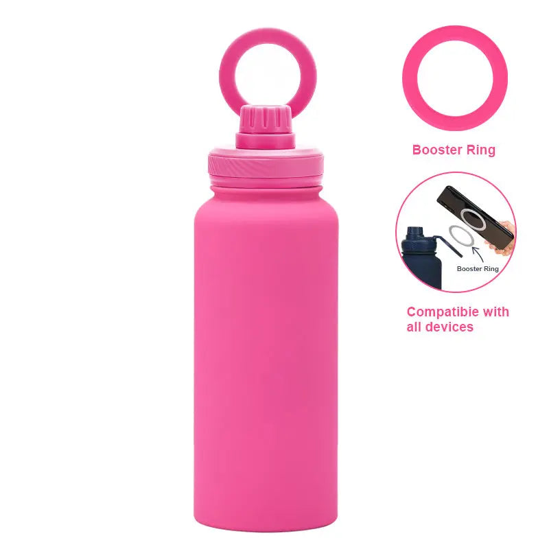 Rose Red 1L Stainless Steel Water Bottle with Magnetic Phone Holder Lid - Portable Hydration & Hands-Free Stand Wholesale Hub