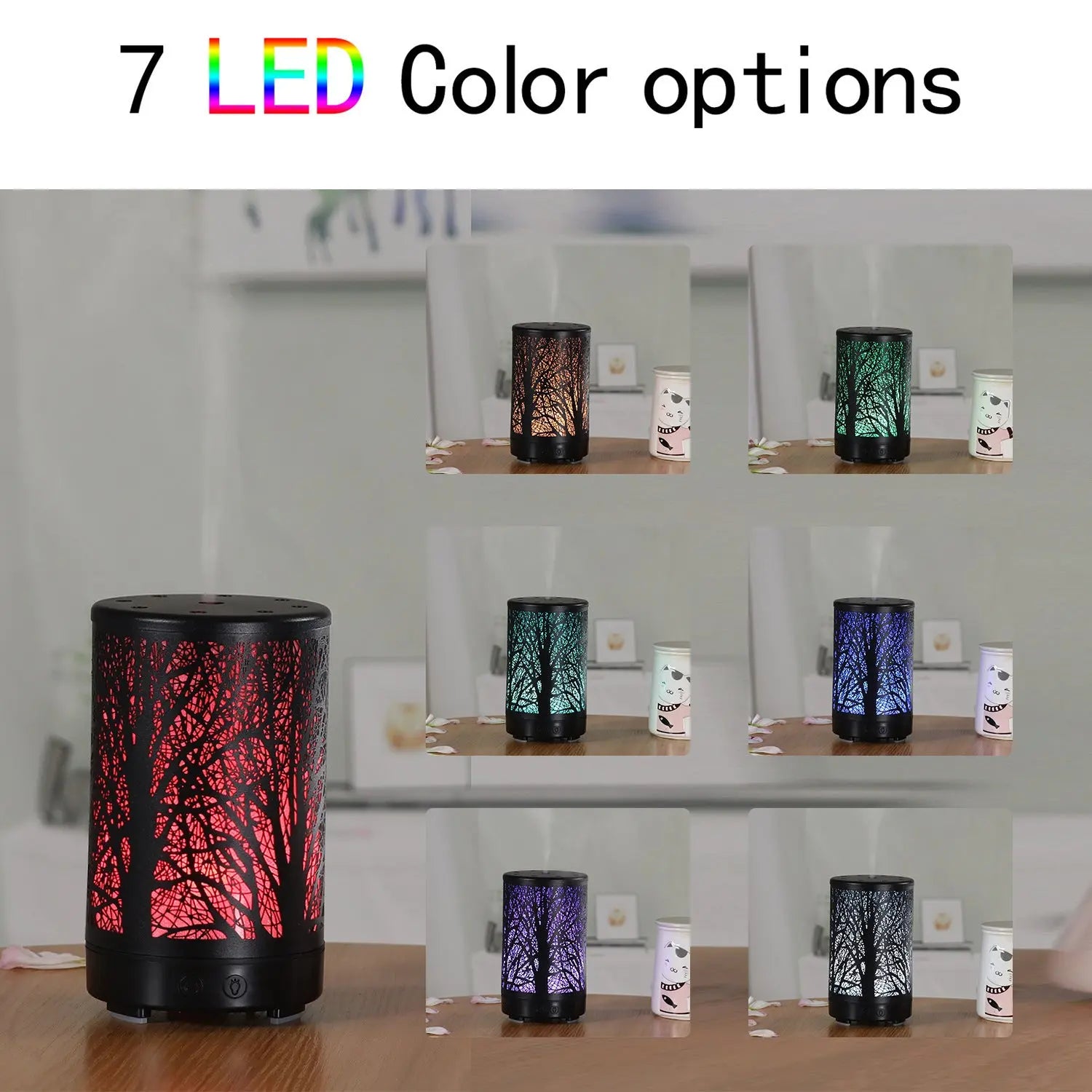 Coffee and Black Forest Design Iron Essential Oil Diffuser - 7 Color LED Ultrasonic Cool Mist Humidifier 100ml Wholesale Hub