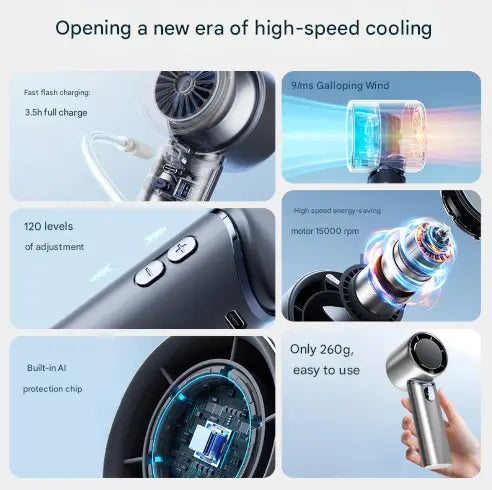 Blue Mini Bladeless Handheld Fan - USB Rechargeable, Quiet Portable Desk Fan Wholesale Hub