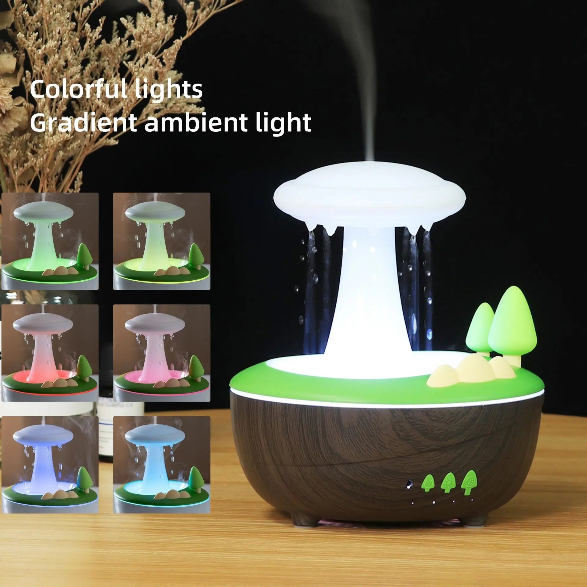 Light Woodgrain Raindrop Mushroom Aroma Diffuser - 280mL Ultrasonic Humidifier with Colorful Lights Wholesale Hub