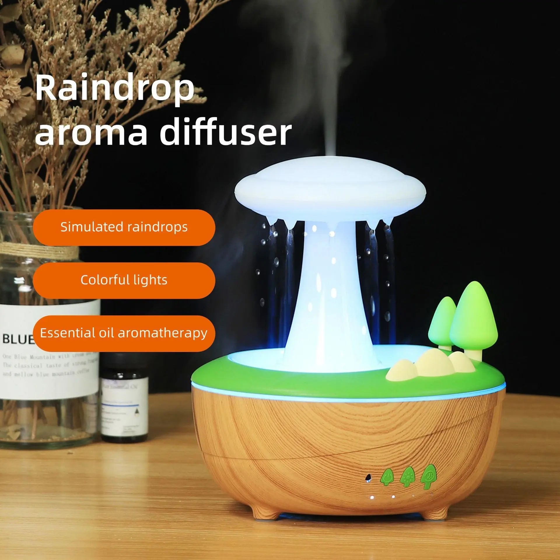 Dark Woodgrain Raindrop Mushroom Aroma Diffuser - 280mL Ultrasonic Humidifier with Colorful Lights Wholesale Hub